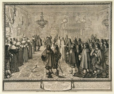 Zeremonie zur Übergabe des Ehevertrags von Władysław IV. und Marie Louise Gonzaga in Fontainebleau von Abraham Bosse