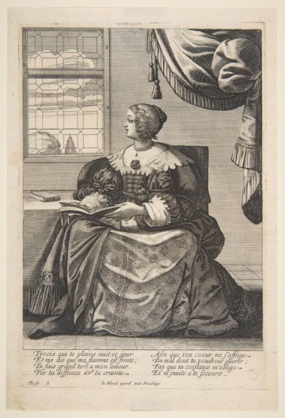 Sitzende Frau, die ein Buch hält und singt, Mitte bis Ende des 17. Jahrhunderts von Abraham Bosse