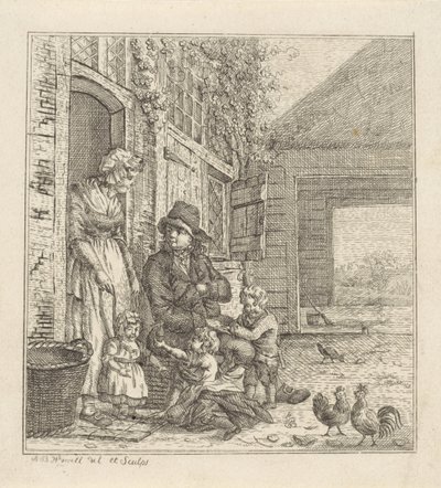 Mann und Frau mit Kindern bei einer Türöffnung von Abraham Bruinings Worrel