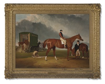 Porträt von Lord George Bentincks Pferd Elis mit Reiter John Day und Trainer John Doe, Doncaster, 1836 von Abraham Cooper