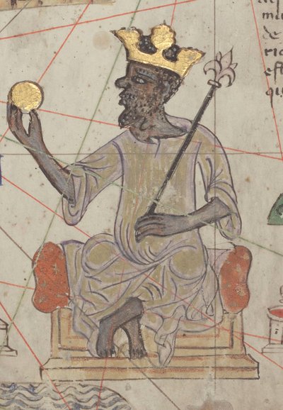 Detail aus dem Katalanischen Atlas, Blatt 6, zeigt Mansa Musa auf dem Thron, 1375 von Abraham Cresques