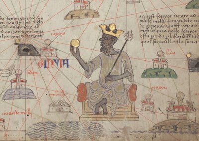 Detail aus dem Katalanischen Atlas, Blatt 6, zeigt Mansa Musa auf dem Thron, 1375 von Abraham Cresques