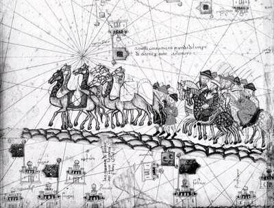 Ms Esp 20 Tafel 4, Kaufleute reisen nach Cathay, China, in den Fußstapfen von Marco Polo, Detail zeigt die Familie von Marco Polo, die mit einer Kamelkarawane reist, aus dem Katalanischen Atlas veröffentlicht für Charl von Abraham Cresques