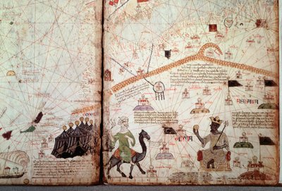 Die Meerenge von Gibraltar und Nordafrika markiert die Flaggen der Mauren, rechts der König von Mali Kanga Moussa (Kankou Moussa, oder Kankan Moussa oder Mansa Moussa), zeigt den Goldenen Globus. Detail des Katalanischen Atlas (Katalanische Karte) illumini von Abraham Cresques