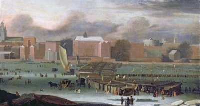 Ein Frostjahrmarkt auf der Themse bei Temple Stairs, ca. 1684 von Abraham Danielsz. Hondius
