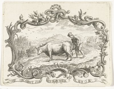 Bauer pflügt ein Feld mit zwei Ochsen, in Kartusche von Abraham Delfos