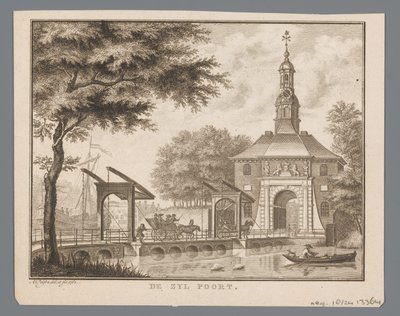 Ansicht des Zijlpoort in Leiden (De Zyl Poort, Titel auf Objekt) von Abraham Delfos