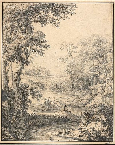 Flusslandschaft mit zwei Figuren im Vordergrund, Burg in der Ferne von Abraham Genoels II