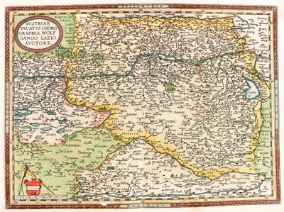 Austria Ducatus Chorographia Wolfgango Lazio Auctore Geographische Karte des Gebiets von Österreich mit der Donau und der Stadt Wien aus „Theatrum Orbis Terrarum“ von Abraham Ortelius (Oertel, Ortell oder Ortel) von Abraham Ortelius