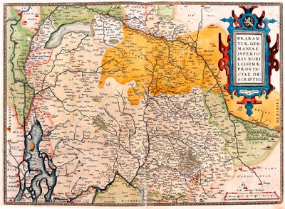 Brabantiae Germaniae Inferioris Nobilissimmae Provinciae Descriptio Geographiekarte des Territoriums südlich der Niederlande Germanic (Kempeland) aus „Theatrum Orbis Terrarum“ von Abraham Ortelius von Abraham Ortelius
