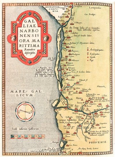 Galliae Narbonensis ora Marittima Recenter descripta Geographiekarte des Territoriums von Narbonne von der Stadt Narbonne bis Marseille über Beziers, Montpellier, Arles... aus „Theatrum Orbis Terrarum“ von Abraham Ortelius von Abraham Ortelius