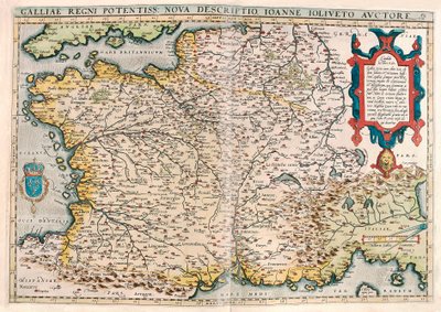 Galliae regni potentiss. nova descriptio. Ioanne Ioliveto auctore. Geographische Karte des Territoriums von Gallien (Frankreich) aus „Theatrum Orbis Terrarum“ von Abraham Ortelius von Abraham Ortelius