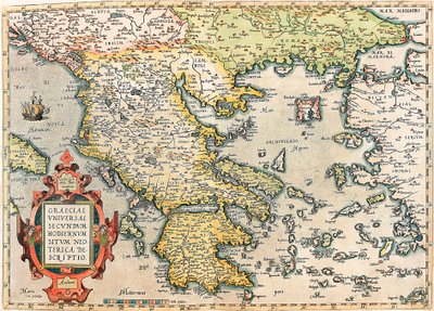 Geographie-Karte des Territoriums von Griechenland mit dem Peloponnes und den Inseln aus „Theatrum Orbis Terrarum“ von Abraham Ortelius von Abraham Ortelius