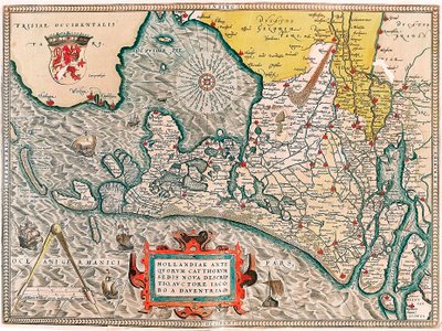 Hollandiae antiquorum catthorum sedis nova descriptio, auctore lacobo a daventria Geographische Karte des Gebiets der Niederlande mit den Städten Amsterdam und Haarlem... aus „Theatrum Orbis Terrarum“ von Abraham Ortelius (Oertel, Ortell oder Orte von Abraham Ortelius