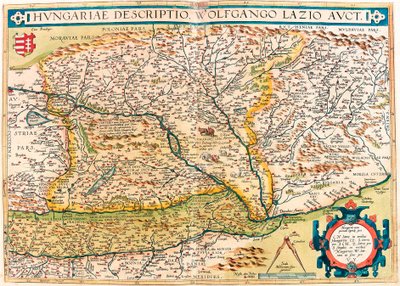 Hungarian Descriptio, Wolfgango Lazio Auct. Geographiekarte des Territoriums von Ungarn aus „Theatrum Orbis Terrarum“ von Abraham Ortelius von Abraham Ortelius