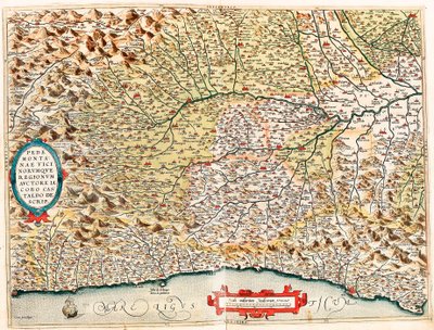 Pedemontanae Vicinorumque Regionum Auctore Iacobo Castaldo Descrip. Geographische Karte des Gebiets von Italien von Monaco in Frankreich bis Genua und durch die Provinzen Imperia de Savona und Genua aus „Theatrum Orbis Terrarum“ von Abraham Ortelius von Abraham Ortelius