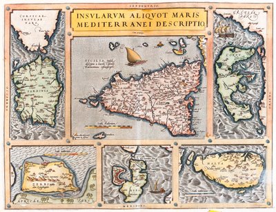 Sardinien, Sizilien, Korfu, Djerba, Elba, Malta, Italien, Griechenland, Tunesien, Malta von Abraham Ortelius