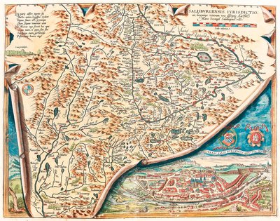 Urbis Salisburgensis genuina descriptio. Geographische Karte des Territoriums von Salzburg in Österreich aus „Theatrum Orbis Terrarum“ von Abraham Ortelius von Abraham Ortelius