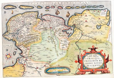 Utriusque Frisiorum regionis noviss. descriptio Geographiekarte des Territoriums der Niederlande mit den Städten Groningen und Leeuwarden... aus „Theatrum Orbis Terrarum“ von Abraham Ortelius von Abraham Ortelius
