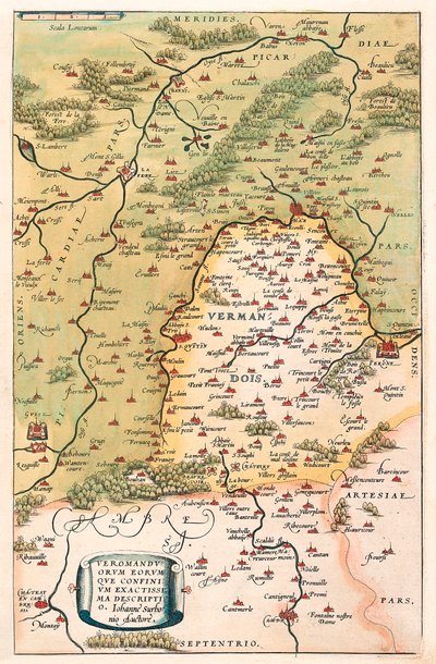 Veromanuorum Eorum que Confinium Accurssima Descript. Geographische Karte des Gebiets von Vermandois und Picardie in Gallien (Frankreich) aus „Theatrum Orbis Terrarum“ von Abraham Ortelius (Oertel, Ortell oder Ortel) von Abraham Ortelius