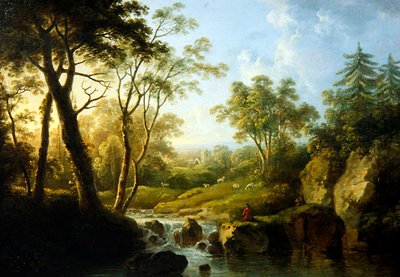Eine bewaldete Landschaft mit einem Wasserfall von Abraham Pether