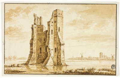 Ruinen des Merwede-Herrenhauses von vorne gesehen mit Dordrecht im Hintergrund von Abraham Rademaker