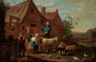 Bauernfamilie mit Rindern, Schafen und Ziegen in einem Bauernhof von Abraham Willemsens
