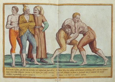 Türken beim Ringen, Kostüme des sechzehnten Jahrhunderts aus Omnium Poene Gentium Imagines, veröffentlicht in Köln, 1577 von Abraham de Bruyn