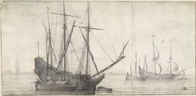 Segelschiffe auf stillem Wasser an der Küste von Abraham de Verwer (possibly)