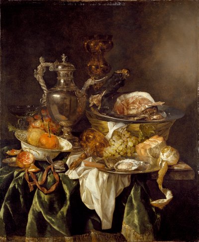 Stillleben mit einem silbernen Weinkrug und einem reflektierten Porträt des Künstlers von Abraham van Beyeren