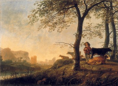 Abendliche Flusslandschaft mit einem Kuhhirten und Kühen am Waldrand, eine Brücke und Ruinen im Hintergrund von Abraham van Calraet
