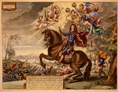 Charles II mit einer Widmung auf Französisch, mit der alten London Bridge im Hintergrund, aus The Method and New Invention of Dressing Horses von William Cavendish, veröffentlicht 1737 (2. Auflage) von Abraham van Diepenbeeck