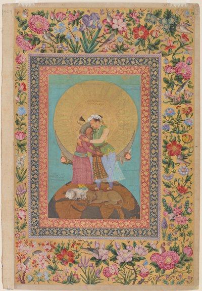 Allegorische Darstellung von Kaiser Jahangir und Schah Abbas von Persien, Illustration aus dem St. Petersburger Album, ca. 1618 von Abul Hasan