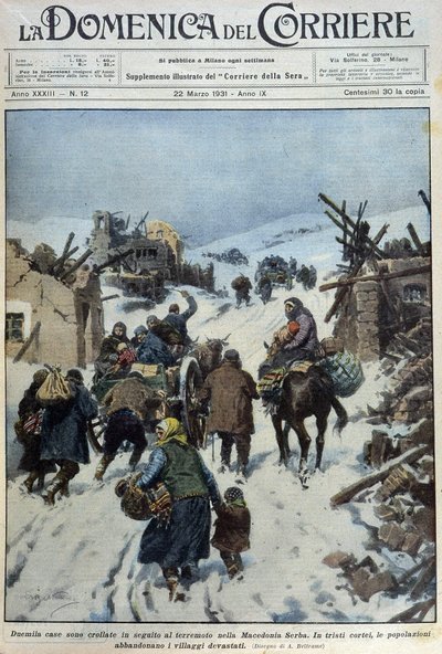 2000 Häuser stürzten nach dem Erdbeben in Serbien-Mazedonien ein: der traurige Exodus der Bevölkerung, die die verwüsteten Dörfer verlässt - Zeichnung von A. Beltrame in „la Domenica del Corriere“ vom 22.03.1931 von Achille Beltrame
