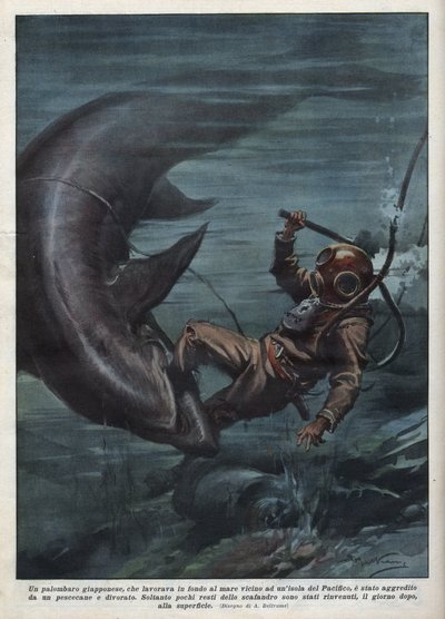 Ein japanischer Taucher mit einem Skaphander wurde im Pazifischen Ozean von einem Hai verschlungen. Illustration von Achille Beltrame aus „La domenica del corriere“ vom 08.08.1937. von Achille Beltrame