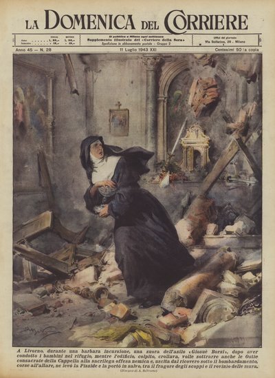 In Livorno, während eines barbarischen Überfalls, eine Nonne des Giosue Borsi Asyls, nachdem sie geführt hat... von Achille Beltrame