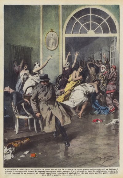 In Minneapolis (USA) ein Bandit, mitten am Tag, mit gezückter Pistole von Achille Beltrame