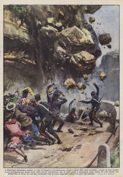 In Pitigliano (Grosseto), während die Menge zu einem Heiligtum zog, wurden vier Frauen... von Achille Beltrame