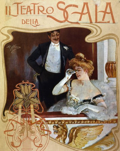 Ein Paar in einer Umkleidekabine im Teatro alla Scala. Die junge Frau beobachtet die Szene mit einem Fernglas. Illustration von Achille Beltrame von Achille Beltrame