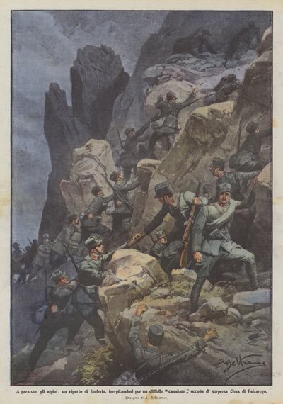 Wettlauf mit den Alpenjägern, eine Infanterieeinheit erklimmt eine schwierige Schlucht und besetzt sie von Achille Beltrame