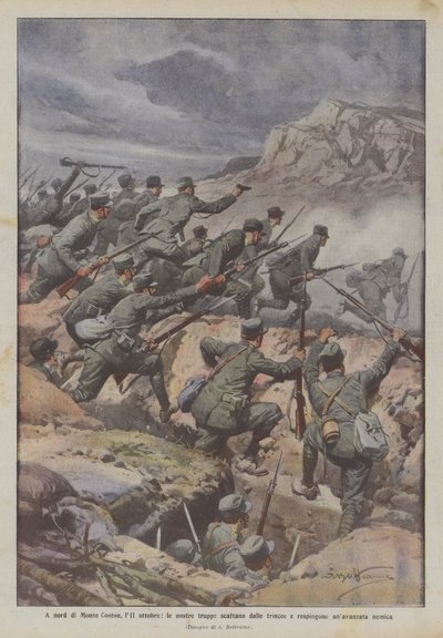 Nördlich des Monte Coston, am 11. Oktober, unsere Truppen stürmen aus den Schützengräben und schlagen einen feindlichen Angriff zurück von Achille Beltrame