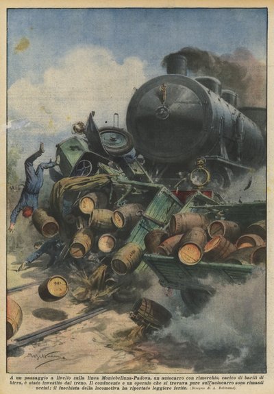 An einem Bahnübergang auf der Linie Montebelluna-Padua ein Lastwagen mit Anhänger von Achille Beltrame
