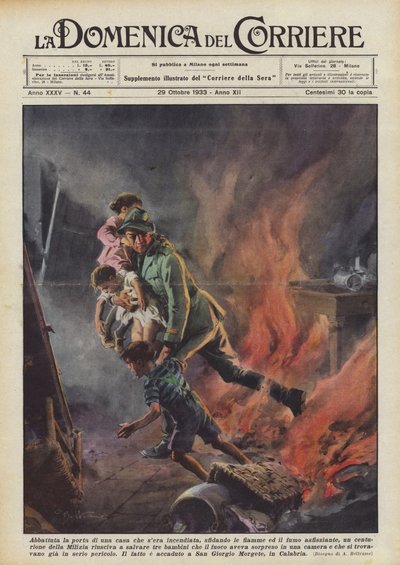 Die Tür eines brennenden Hauses wurde aufgebrochen, trotz der Flammen und des erstickenden Rauchs von Achille Beltrame