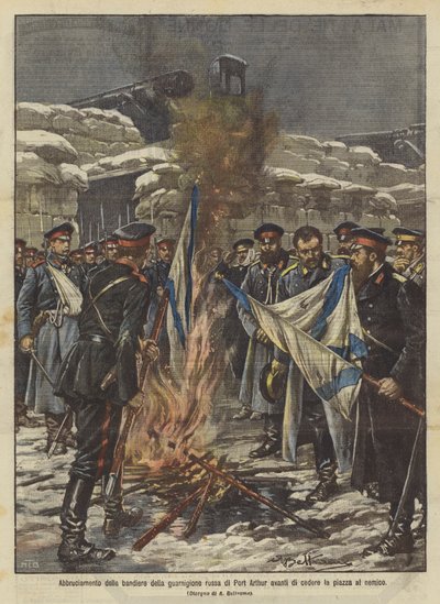 Verbrennung der Fahnen der russischen Garnison von Port Arthur vor der Übergabe der Festung an den Feind von Achille Beltrame