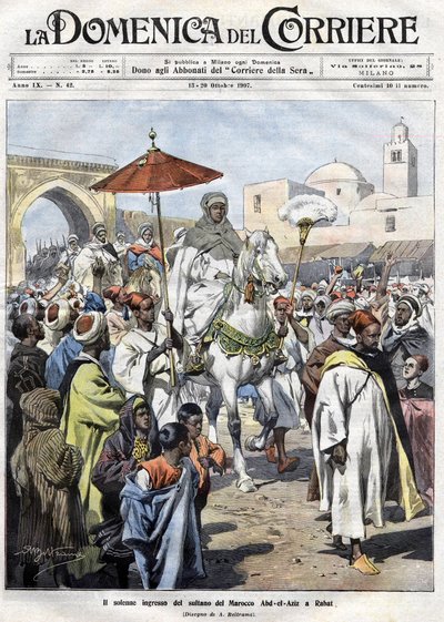 Abd al-Aziz (al-Hasan Mohamed al-Hasani al-Alaoui) betritt Rabat in Marokko im Oktober 1907 von Achille Beltrame