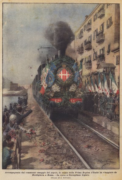 Begleitet von der bewegten Huldigung des Volkes reiste der Leichnam der ersten Königin Italiens von Achille Beltrame