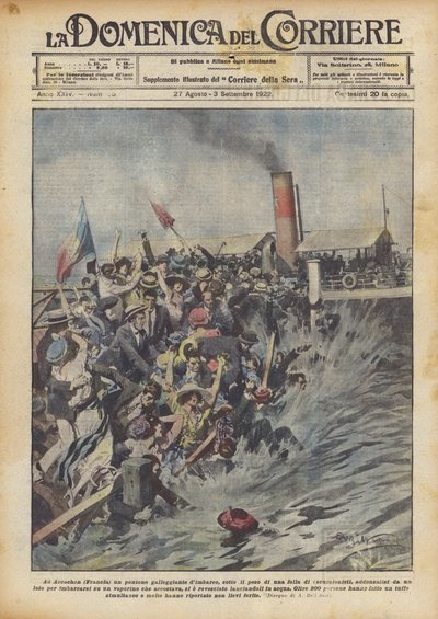 In Arcachon (Frankreich) ein schwimmender Landungssteg unter dem Gewicht einer Menschenmenge von Achille Beltrame