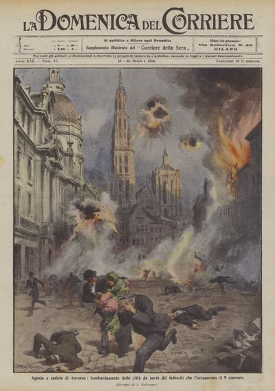 Agonie und Fall von Antwerpen, Bombardierung der Stadt durch die Deutschen, die sie am 9. dieses Monats besetzten von Achille Beltrame
