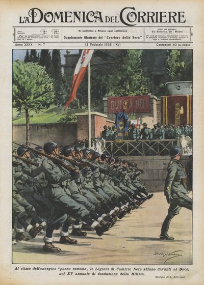 Im energischen römischen Schritt marschieren die Legionen der Schwarzhemden vor dem Duce von Achille Beltrame
