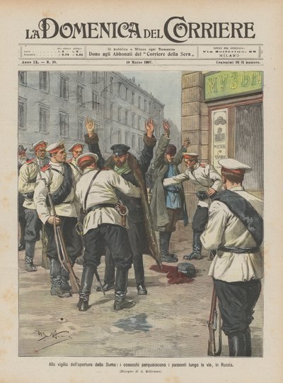 Am Vorabend der Eröffnung der Duma, Kosaken durchsuchen Passanten auf den Straßen in Russland von Achille Beltrame